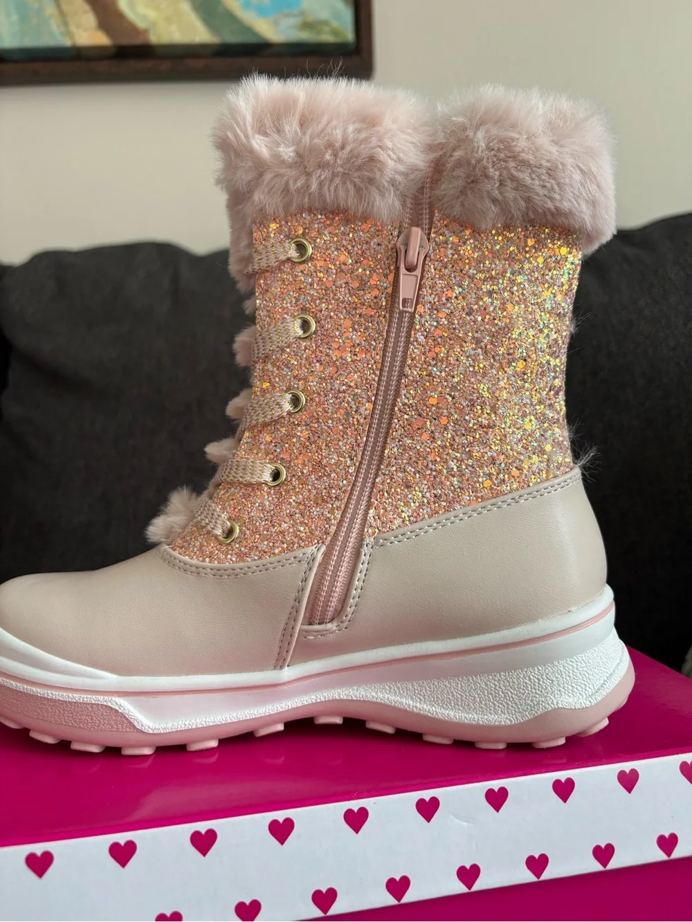 Olive & Edie Pink Glitter Faux-Fur Kids Snow Boots